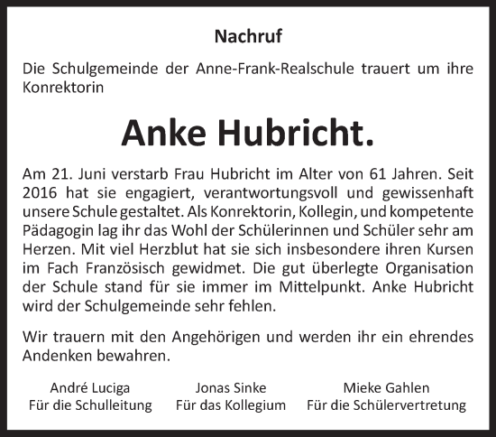 Traueranzeige von Anke Hubricht von Tageszeitung