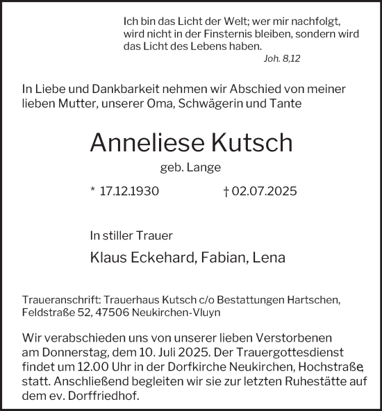 Traueranzeige von Anneliese Kutsch von Tageszeitung