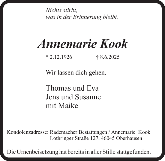 Traueranzeige von Annemarie Kook von Tageszeitung