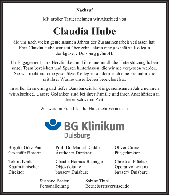 Traueranzeige von Claudia Hube von Tageszeitung