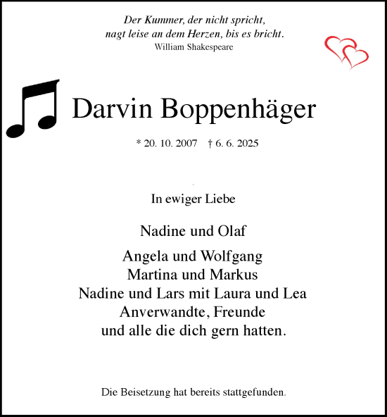 Traueranzeige von Darvin Boppenhäger von Tageszeitung