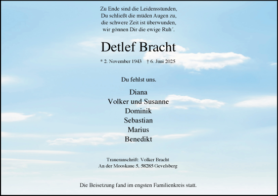 Traueranzeige von Detlef Bracht von Tageszeitung