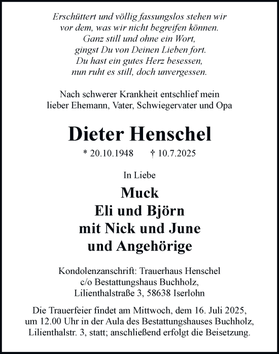Traueranzeige von Dieter Henschel von Tageszeitung