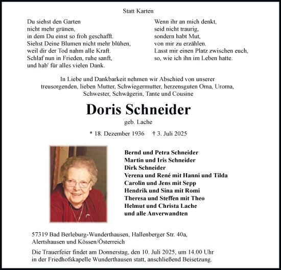 Traueranzeige von Doris Schneider von Tageszeitung