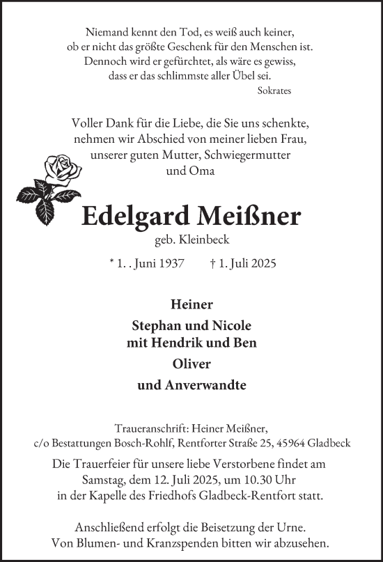 Traueranzeige von Edelgard Meißner von Tageszeitung