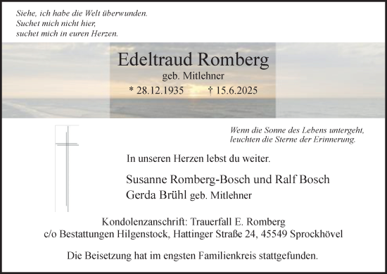 Traueranzeige von Edeltraud Romberg von Tageszeitung