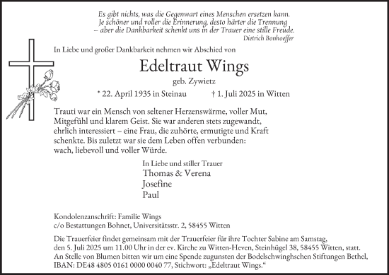 Traueranzeige von Edeltraut Wings von Tageszeitung