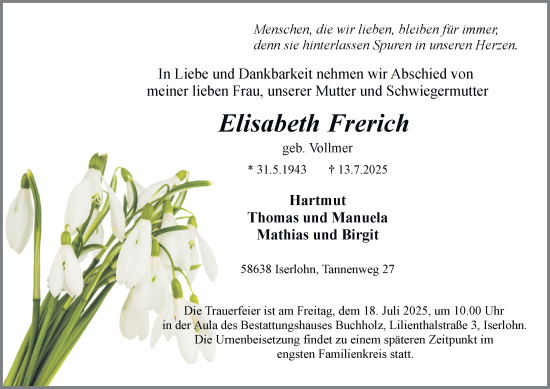 Traueranzeige von Elisabeth Frerich von Tageszeitung