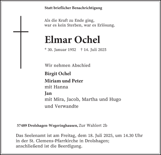 Traueranzeige von Elmar Ochel von Tageszeitung