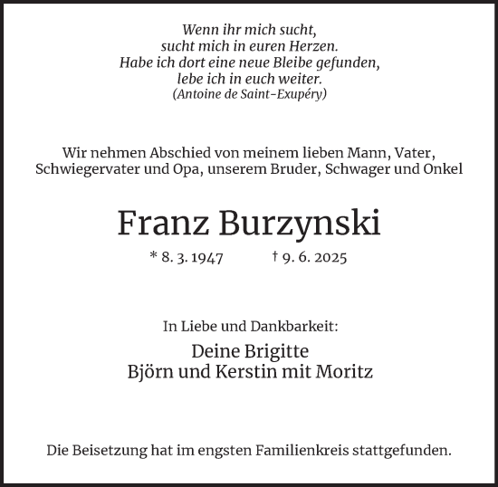 Traueranzeige von Franz Burzynski von Tageszeitung