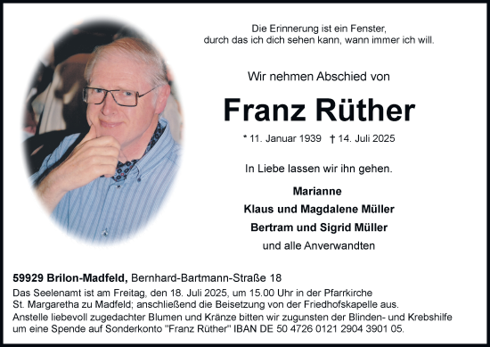 Traueranzeige von Franz Rüther von Tageszeitung