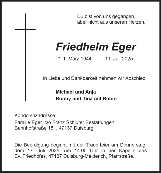 Traueranzeige von Friedhelm Eger von Tageszeitung