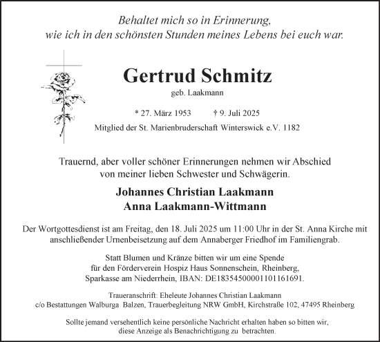 Traueranzeige von Gertrud Schmitz von Tageszeitung