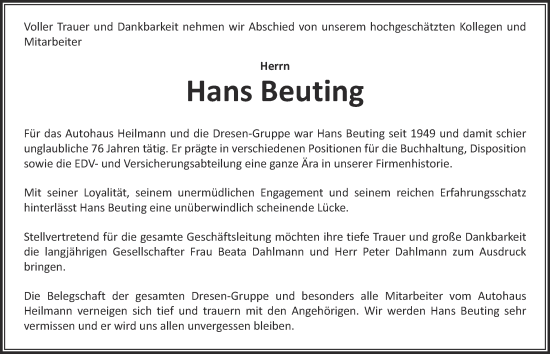 Traueranzeige von Hans Beuting von Tageszeitung