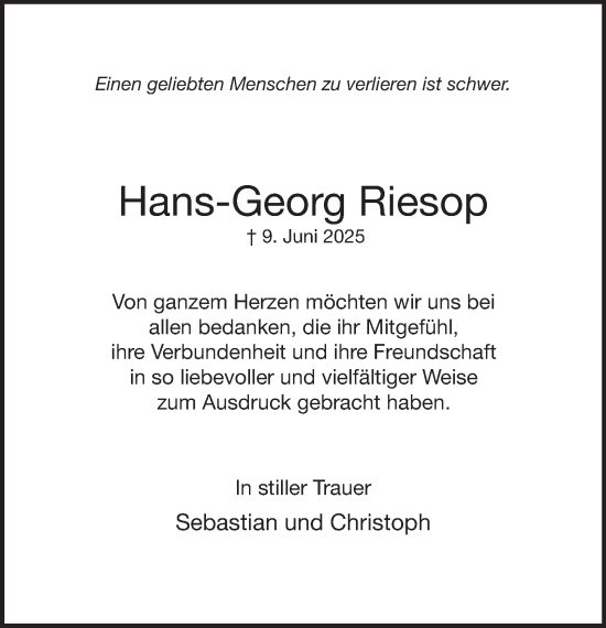 Traueranzeige von Hans-Georg Riesop von Tageszeitung