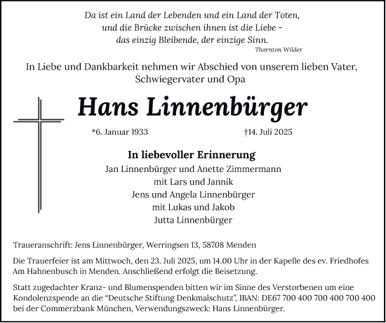 Traueranzeige von Hans Linnenbürger von Tageszeitung