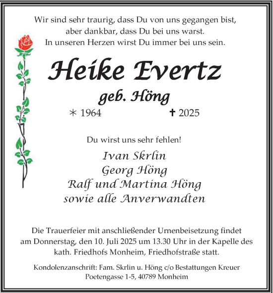 Traueranzeige von Heike Evertz von Tageszeitung