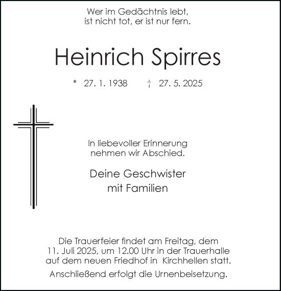 Traueranzeige von Heinrich Spirres von Tageszeitung