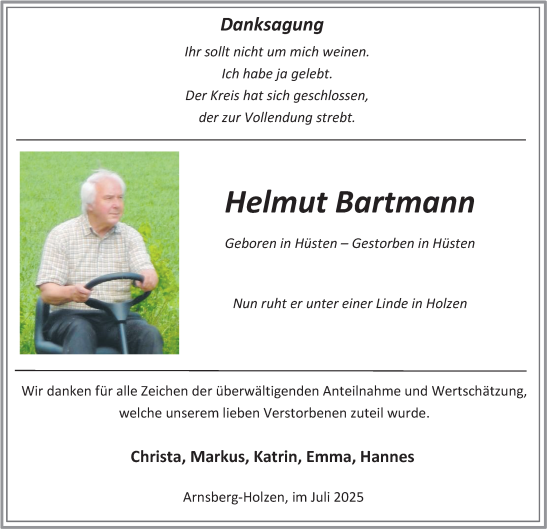 Traueranzeige von Helmut Bartmann von Tageszeitung