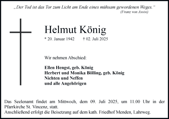 Traueranzeige von Helmut König von Tageszeitung