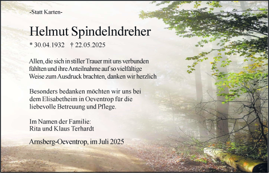Traueranzeige von Helmut Spindelndreher von Tageszeitung