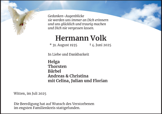 Traueranzeige von Hermann Volk von Tageszeitung