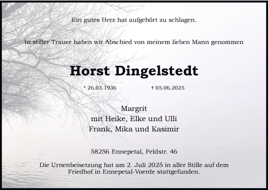 Traueranzeige von Horst Dingelstedt von Tageszeitung