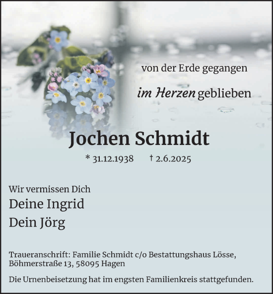 Traueranzeige von Jochen Schmidt von Tageszeitung