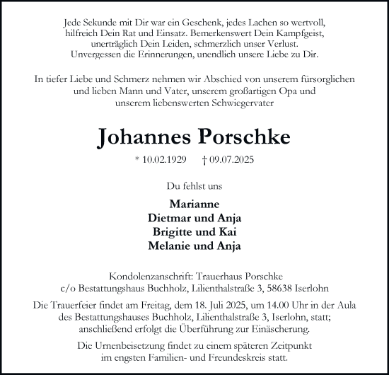 Traueranzeige von Johannes Porschke von Tageszeitung
