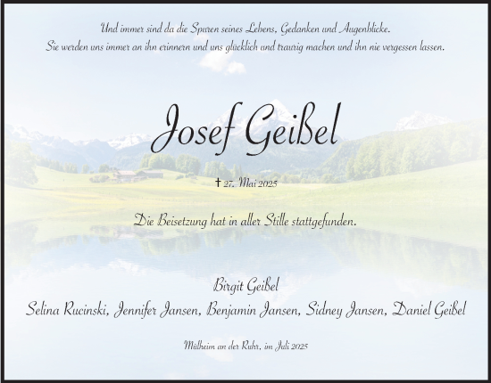 Traueranzeige von Josef Geißel von Tageszeitung
