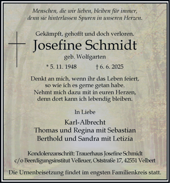 Traueranzeige von Josefine Schmidt von Tageszeitung