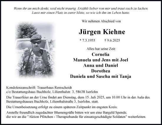 Traueranzeige von Jürgen Kiehne von Tageszeitung