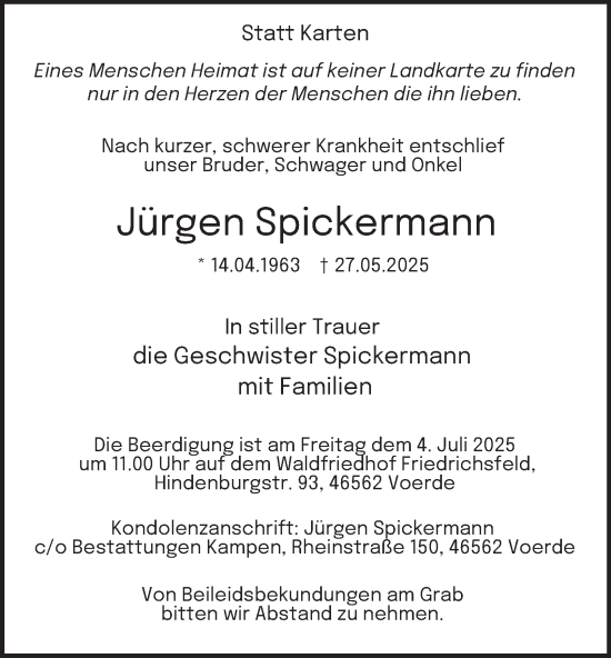 Traueranzeige von Jürgen Spickermann von Tageszeitung