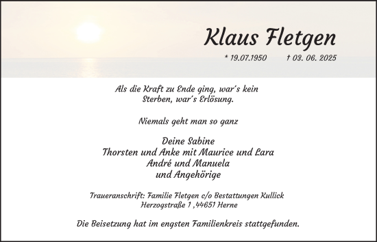 Traueranzeige von Klaus Fletgen von Tageszeitung