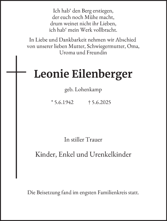 Traueranzeige von Leonie Eilenberger von Tageszeitung