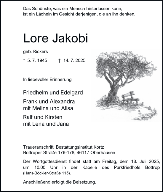 Traueranzeige von Lore Jakobi von Tageszeitung