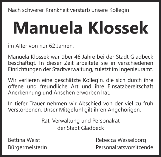 Traueranzeige von Manuela Klossek von Tageszeitung