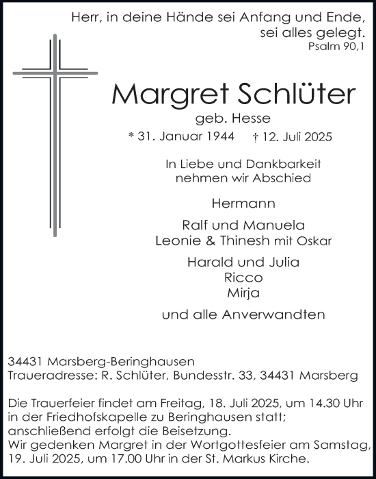 Traueranzeige von Margret Schlüter von Tageszeitung