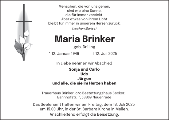 Traueranzeige von Maria Brinker von Tageszeitung