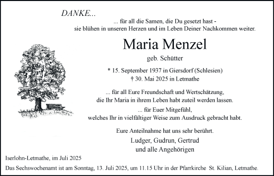 Traueranzeige von Maria Menzel von Tageszeitung