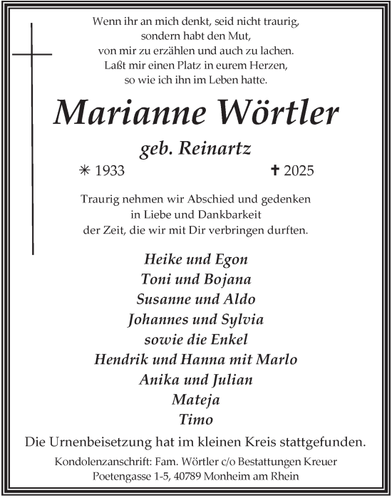 Traueranzeige von Marianne Wörtler von Tageszeitung