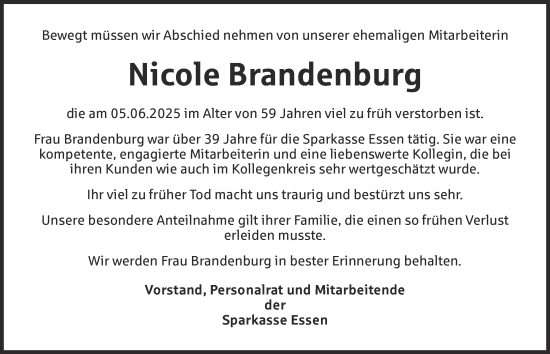 Traueranzeige von Nicole Brandenburg von Tageszeitung