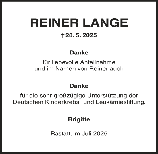 Traueranzeige von Reiner Lange von Tageszeitung