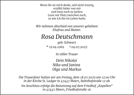 Traueranzeige von Rosa Deutschmann von Tageszeitung