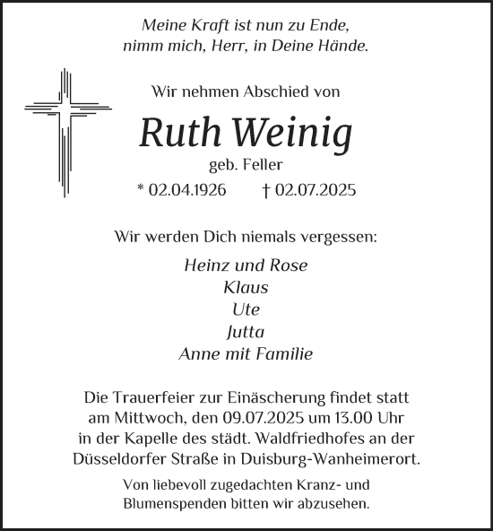 Traueranzeige von Ruth Weinig von Tageszeitung