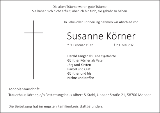 Traueranzeige von Susanne Körner von Tageszeitung