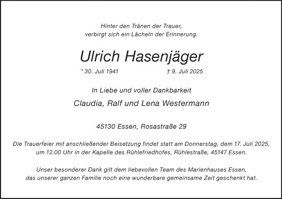 Traueranzeige von Ulrich Hasenjäger von Tageszeitung