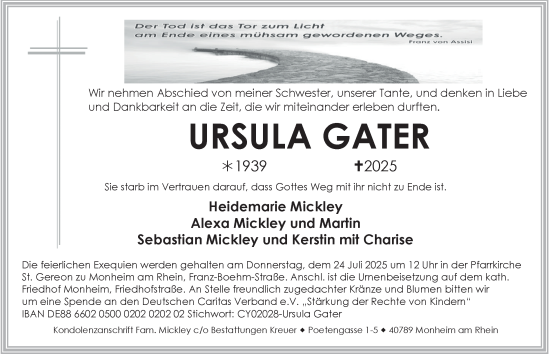 Traueranzeige von Ursula Gater von Tageszeitung