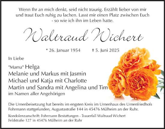 Traueranzeige von Waltraud Wichert von Tageszeitung