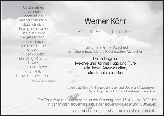 Traueranzeige von Werner Köhr von Tageszeitung